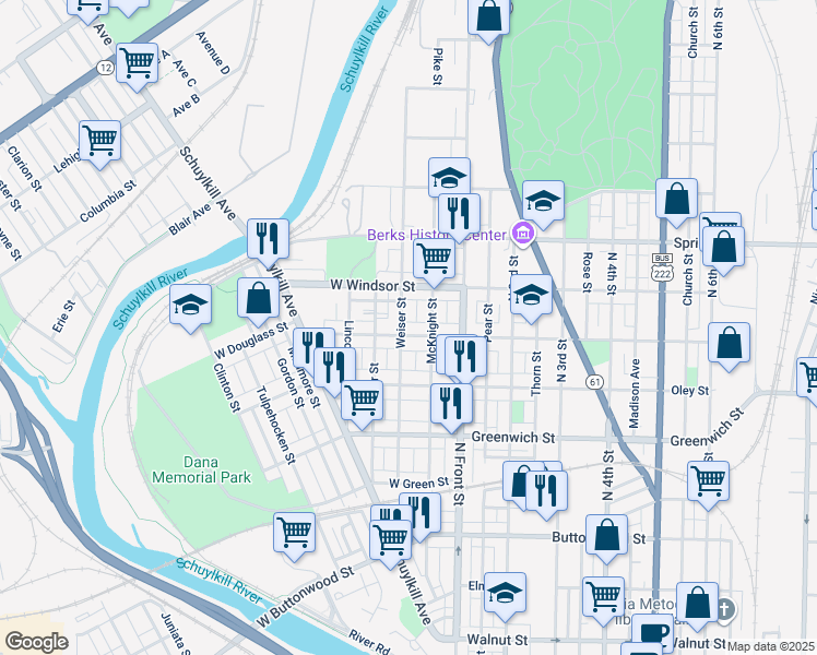 map of restaurants, bars, coffee shops, grocery stores, and more near 151 West Douglass Street in Reading