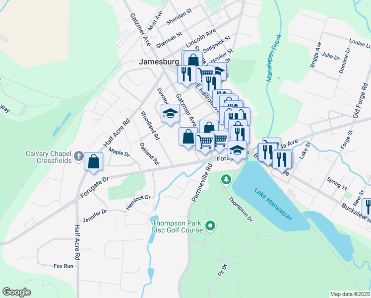 map of restaurants, bars, coffee shops, grocery stores, and more near 12 Davison Avenue in Jamesburg