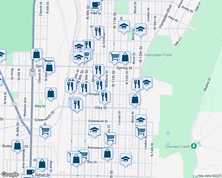 map of restaurants, bars, coffee shops, grocery stores, and more near 1038 Windsor Street in Reading
