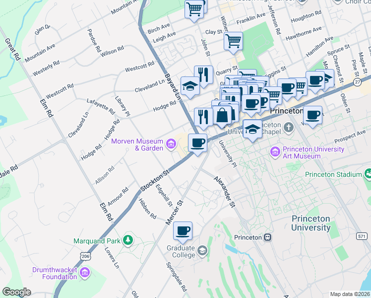 map of restaurants, bars, coffee shops, grocery stores, and more near 55 Stockton Street in Princeton