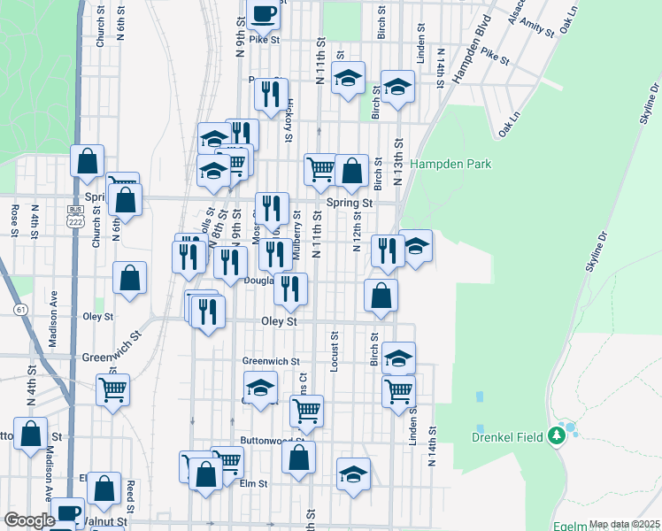 map of restaurants, bars, coffee shops, grocery stores, and more near 1128 Windsor Street in Reading