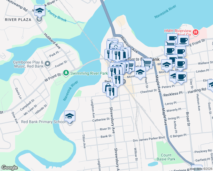 map of restaurants, bars, coffee shops, grocery stores, and more near 74 Shrewsbury Avenue in Red Bank