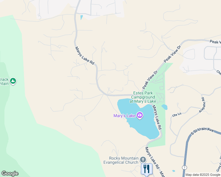 map of restaurants, bars, coffee shops, grocery stores, and more near 2050 Marys Lake Road in Estes Park