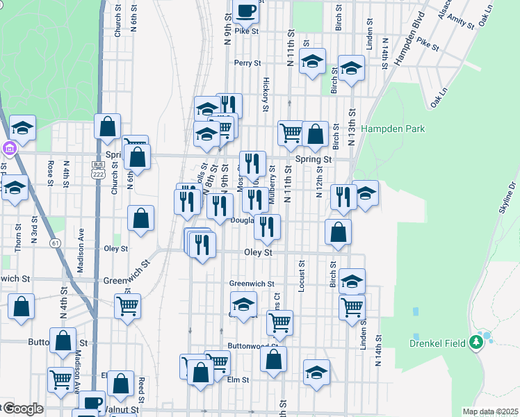 map of restaurants, bars, coffee shops, grocery stores, and more near 840 North 10th Street in Reading
