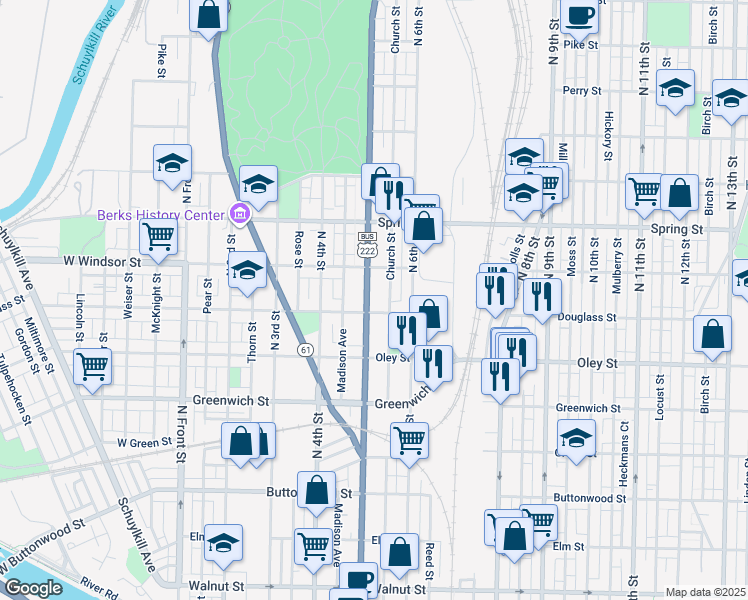 map of restaurants, bars, coffee shops, grocery stores, and more near 829 North 5th Street in Reading
