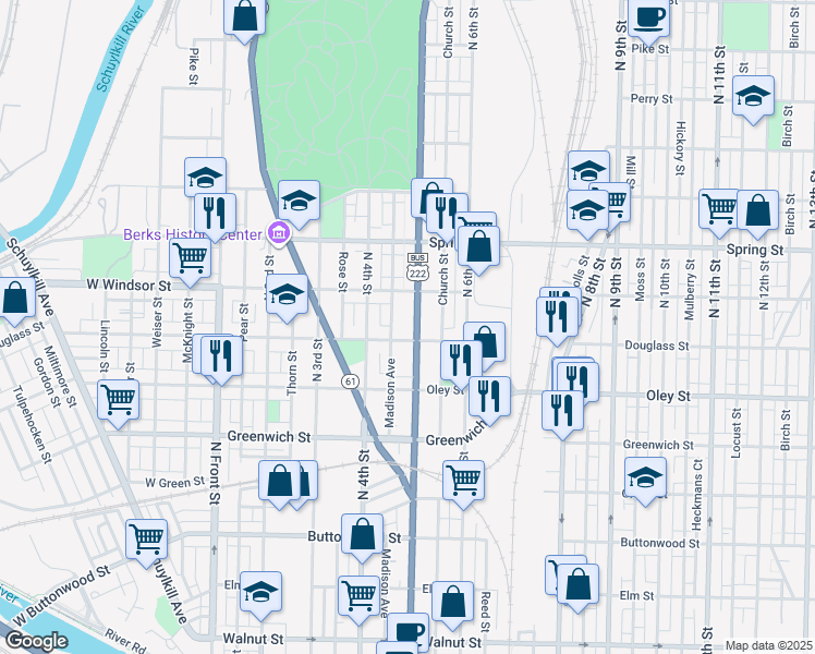 map of restaurants, bars, coffee shops, grocery stores, and more near 844 Madison Avenue in Reading