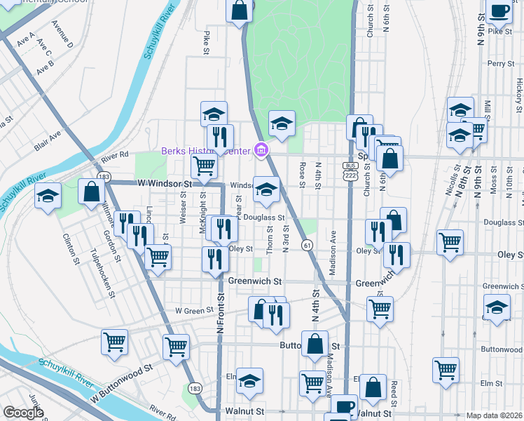 map of restaurants, bars, coffee shops, grocery stores, and more near 837 North 2nd Street in Reading