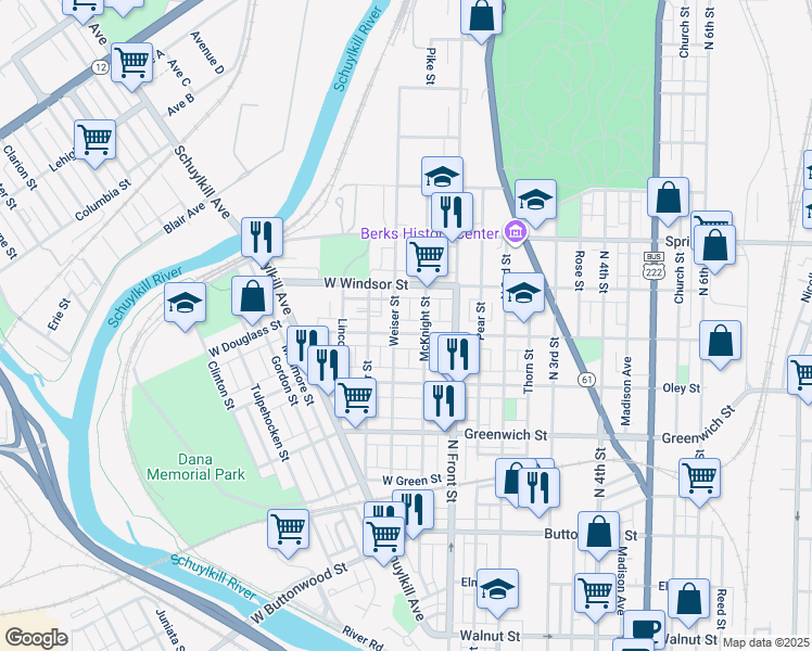 map of restaurants, bars, coffee shops, grocery stores, and more near 833 Weiser Street in Reading