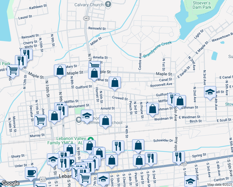 map of restaurants, bars, coffee shops, grocery stores, and more near 630 North 5th Street in Lebanon