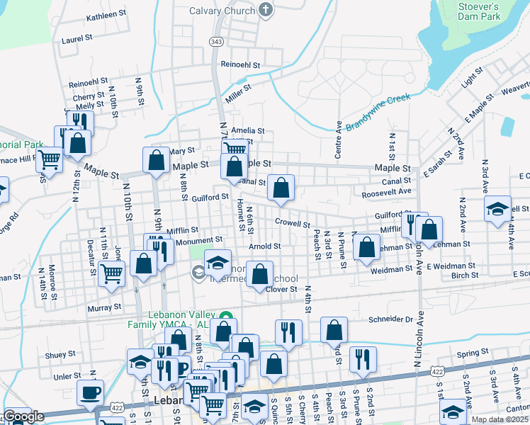 map of restaurants, bars, coffee shops, grocery stores, and more near 567 Guilford Street in Lebanon