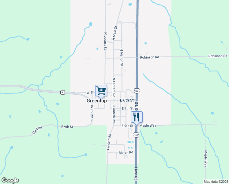 map of restaurants, bars, coffee shops, grocery stores, and more near 200-298 North Main Street in Greentop