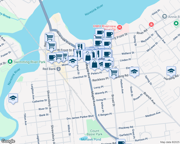 map of restaurants, bars, coffee shops, grocery stores, and more near 87 Maple Avenue in Red Bank