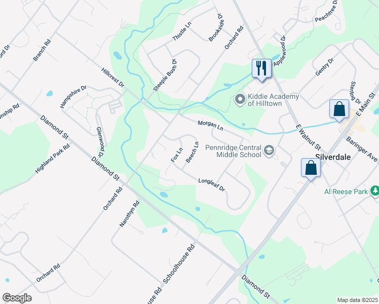 map of restaurants, bars, coffee shops, grocery stores, and more near 227 Beech Lane in Perkasie