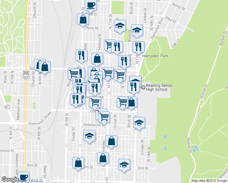 map of restaurants, bars, coffee shops, grocery stores, and more near 826 Locust Street in Reading