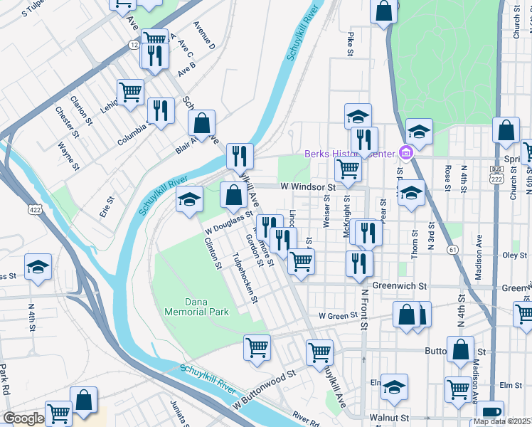 map of restaurants, bars, coffee shops, grocery stores, and more near 833 Schuylkill Avenue in Reading