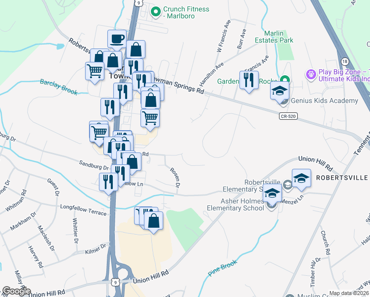 map of restaurants, bars, coffee shops, grocery stores, and more near 22 Bartram Road in Manalapan Township