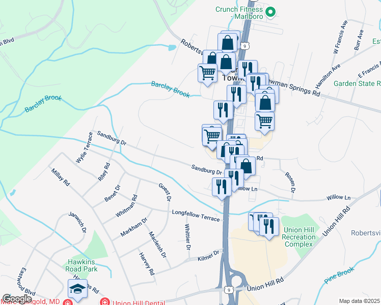 map of restaurants, bars, coffee shops, grocery stores, and more near 159 Serpentine Drive in Marlboro