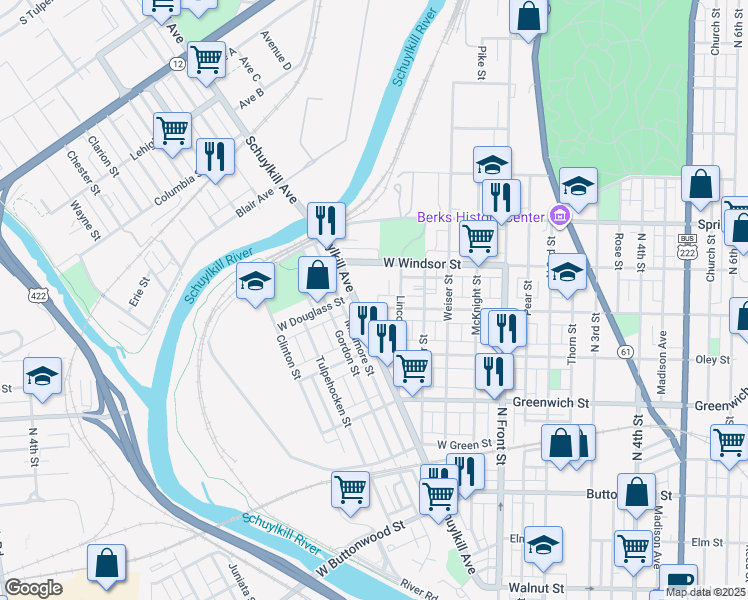map of restaurants, bars, coffee shops, grocery stores, and more near 833 Eckert Street in Reading