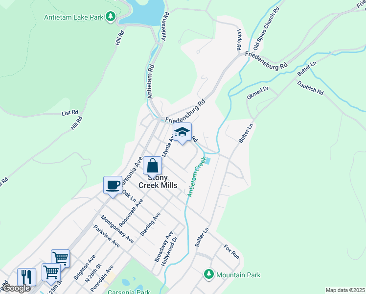 map of restaurants, bars, coffee shops, grocery stores, and more near 100 Antietam Road in Reading