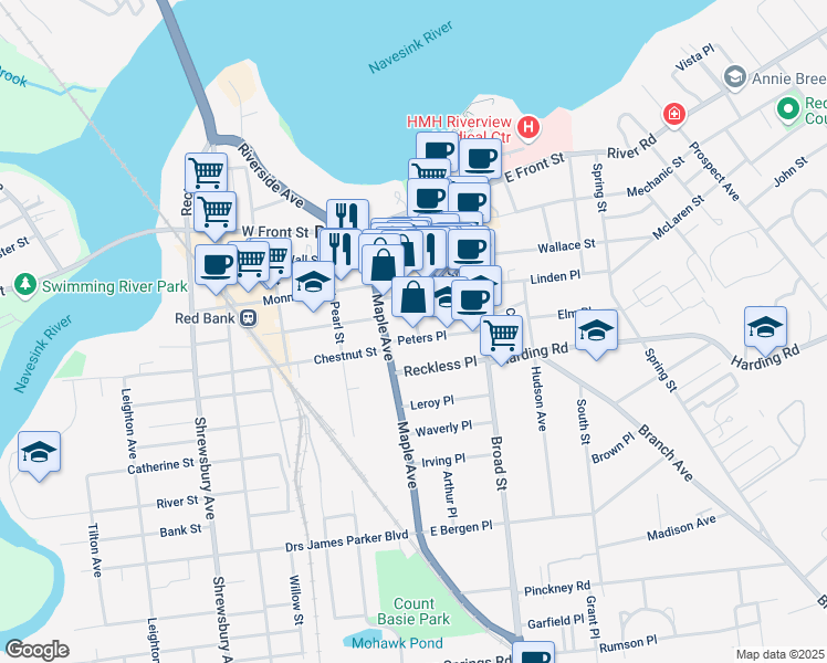 map of restaurants, bars, coffee shops, grocery stores, and more near 58 Peters Place in Red Bank