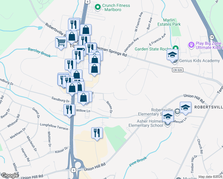 map of restaurants, bars, coffee shops, grocery stores, and more near 22 Bartram Road in Manalapan Township