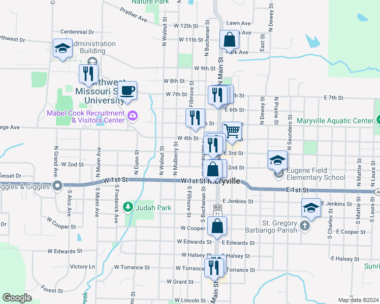 map of restaurants, bars, coffee shops, grocery stores, and more near 301 North Fillmore Street in Maryville