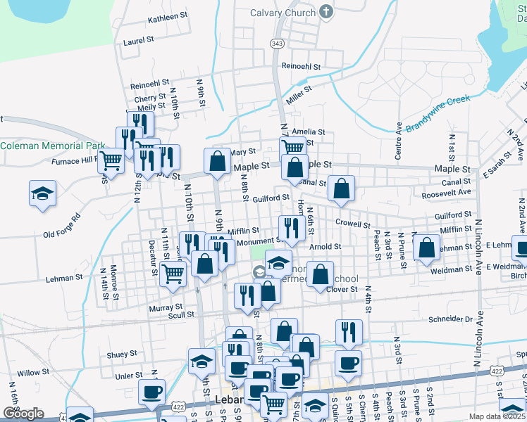 map of restaurants, bars, coffee shops, grocery stores, and more near 752 Guilford Street in Lebanon