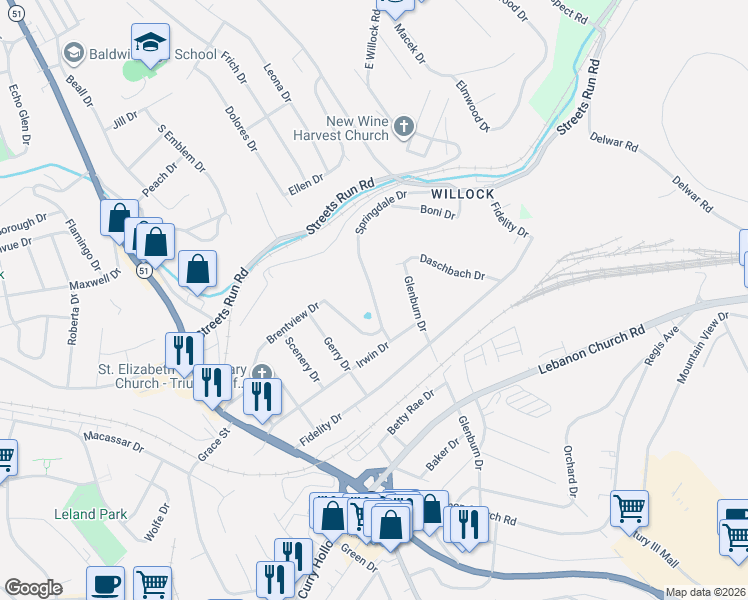 map of restaurants, bars, coffee shops, grocery stores, and more near 5209 Springdale Drive in Pittsburgh