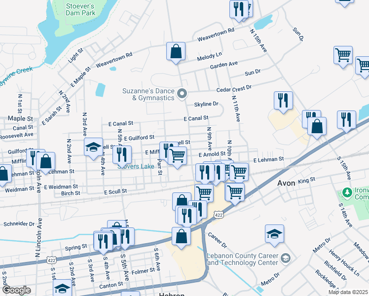 map of restaurants, bars, coffee shops, grocery stores, and more near 722 East Guilford Street in Lebanon