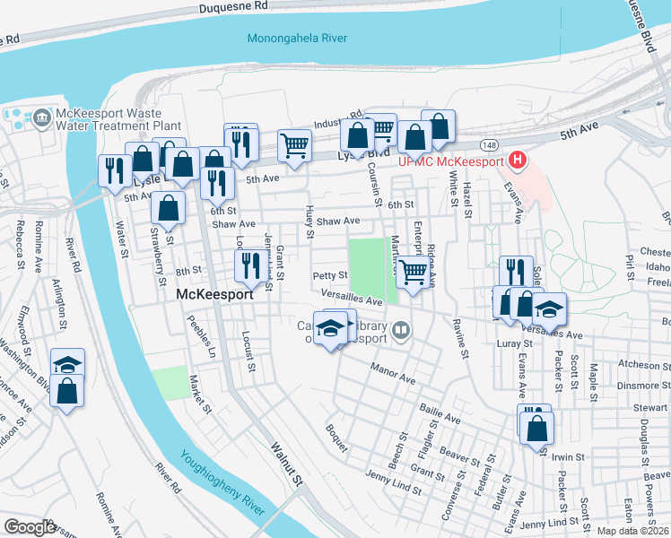 map of restaurants, bars, coffee shops, grocery stores, and more near 622 Madison Avenue in McKeesport