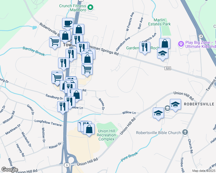 map of restaurants, bars, coffee shops, grocery stores, and more near 36 Crest Drive in Englishtown