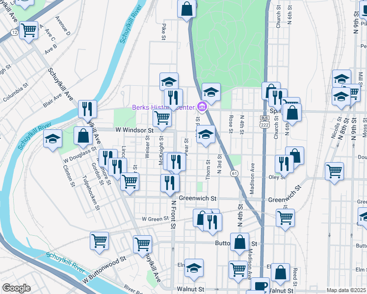 map of restaurants, bars, coffee shops, grocery stores, and more near 834 Pear Street in Reading