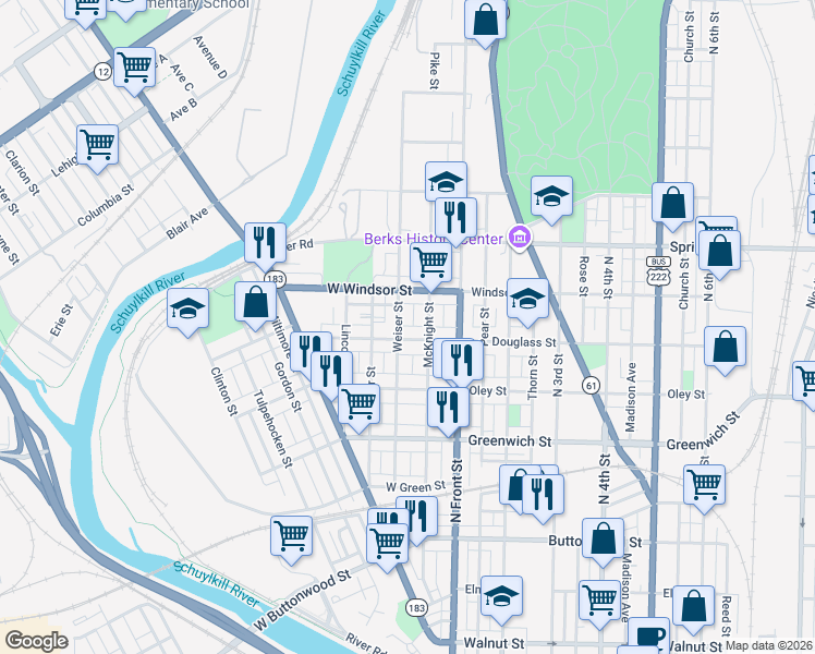 map of restaurants, bars, coffee shops, grocery stores, and more near 833 Weiser Street in Reading