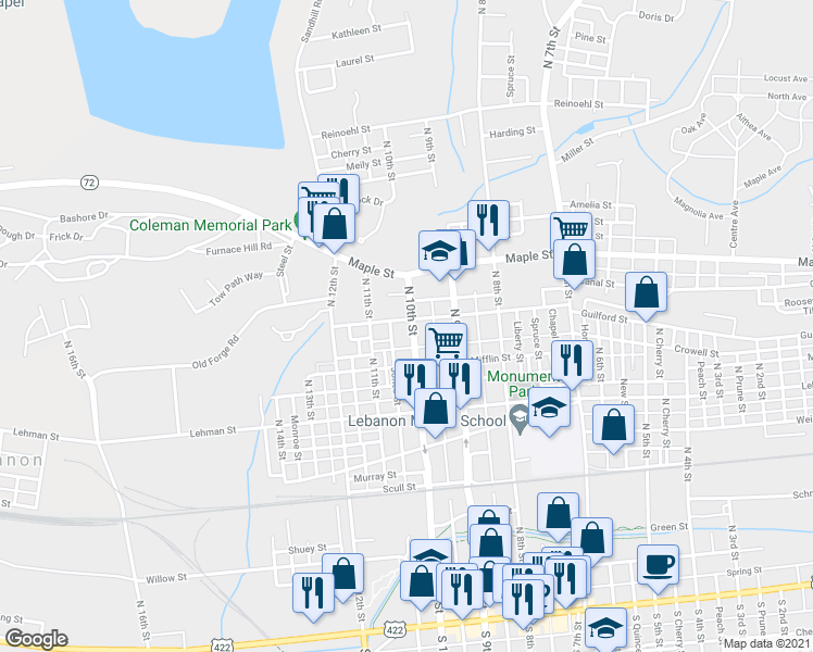 map of restaurants, bars, coffee shops, grocery stores, and more near 541 North 10th Street in Lebanon