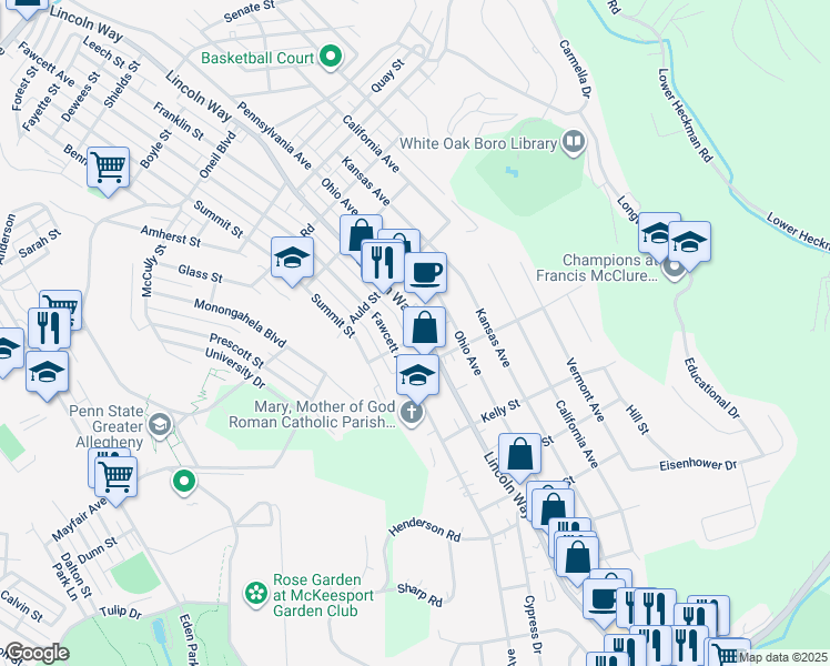 map of restaurants, bars, coffee shops, grocery stores, and more near 1524 Lincoln Way in White Oak