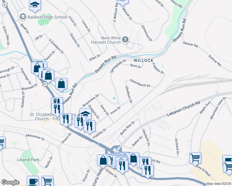 map of restaurants, bars, coffee shops, grocery stores, and more near 5209 Springdale Drive in Pittsburgh