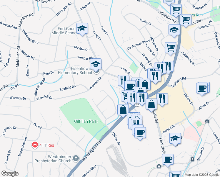 map of restaurants, bars, coffee shops, grocery stores, and more near 223 Lucca Lane in Pittsburgh