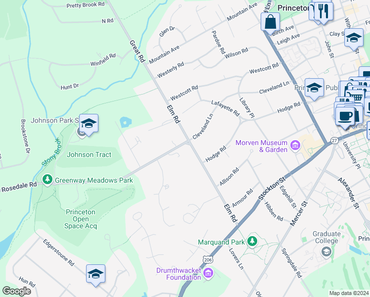map of restaurants, bars, coffee shops, grocery stores, and more near 172 Elm Road in Princeton