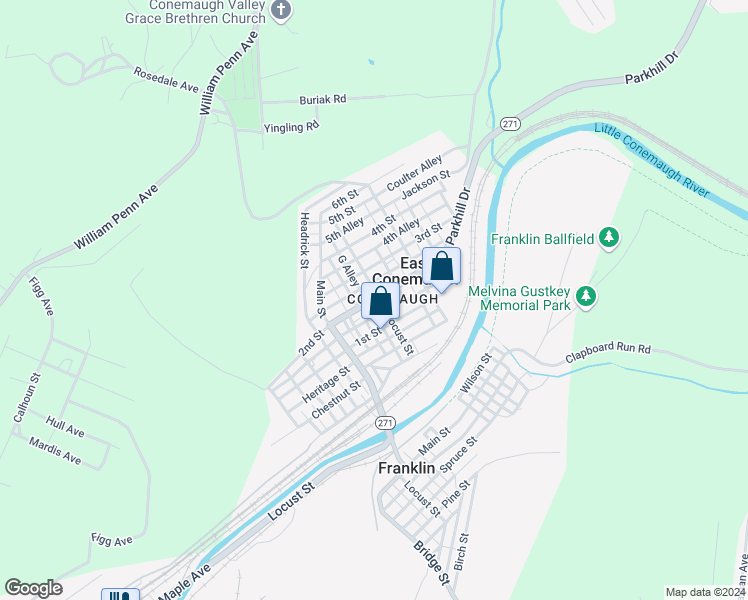 map of restaurants, bars, coffee shops, grocery stores, and more near 304 2nd Street in Johnstown