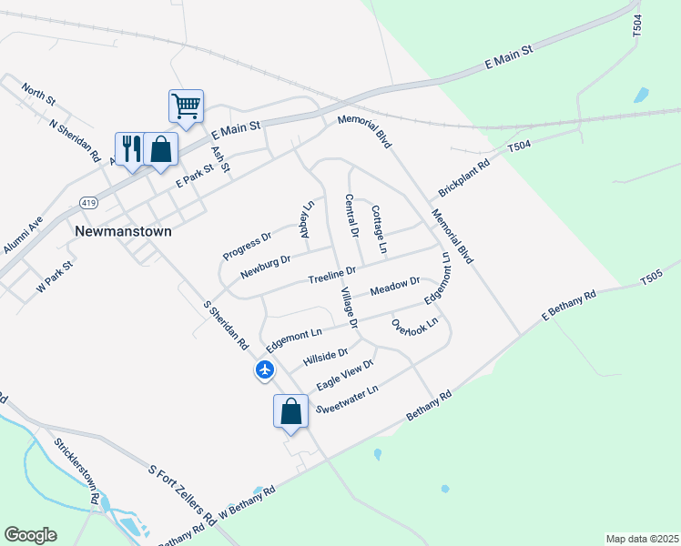 map of restaurants, bars, coffee shops, grocery stores, and more near 105 Treeline Drive in Newmanstown