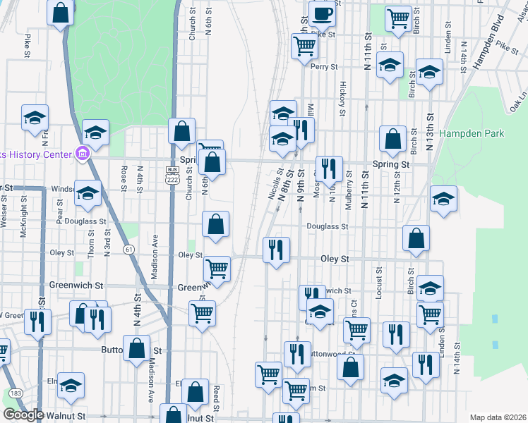 map of restaurants, bars, coffee shops, grocery stores, and more near 840 Nicolls Street in Reading