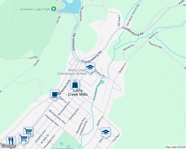 map of restaurants, bars, coffee shops, grocery stores, and more near 100 Antietam Road in Reading