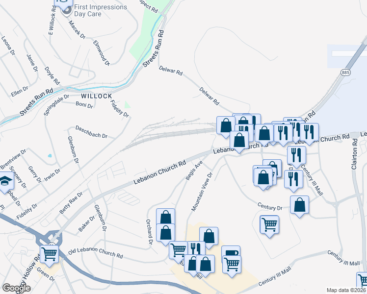 map of restaurants, bars, coffee shops, grocery stores, and more near 1717 Lebanon Church Road in West Mifflin