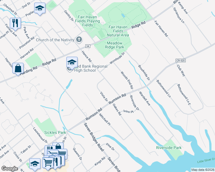 map of restaurants, bars, coffee shops, grocery stores, and more near 478 Hance Road in Little Silver