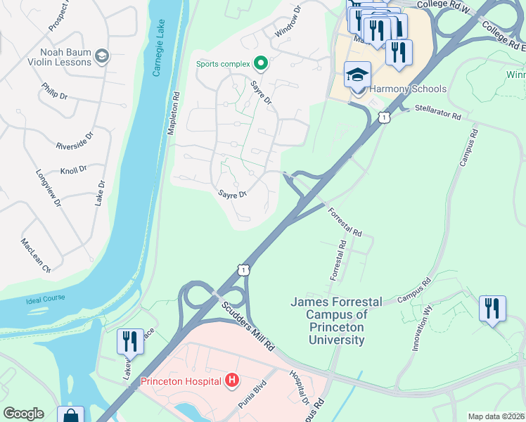 map of restaurants, bars, coffee shops, grocery stores, and more near 611 Sayre Drive in Princeton