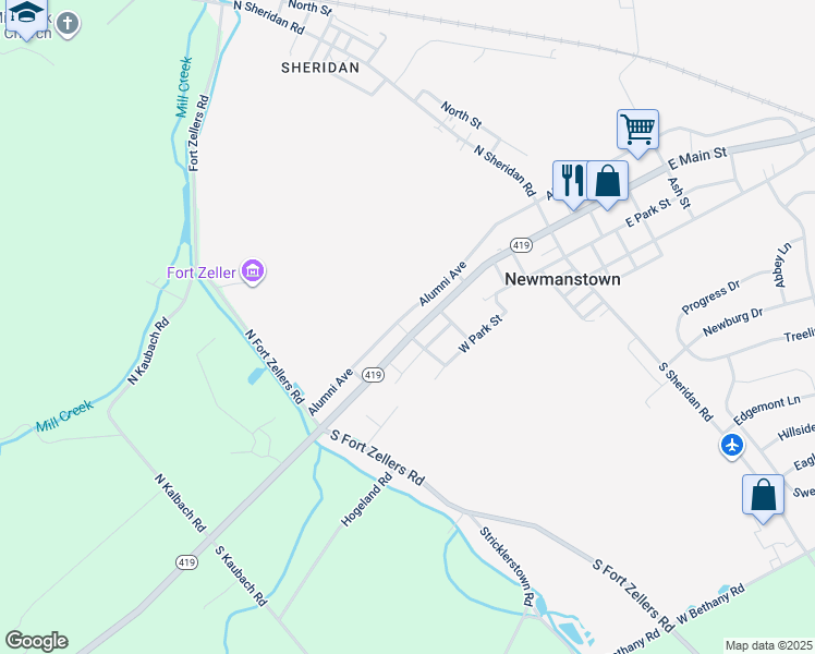 map of restaurants, bars, coffee shops, grocery stores, and more near 221 West Main Street in Newmanstown