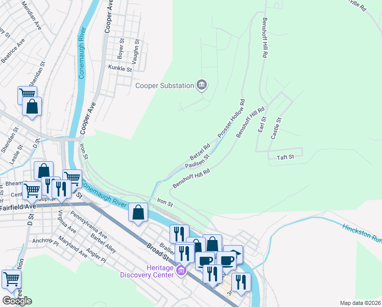 map of restaurants, bars, coffee shops, grocery stores, and more near 126 Batzel Road in Johnstown