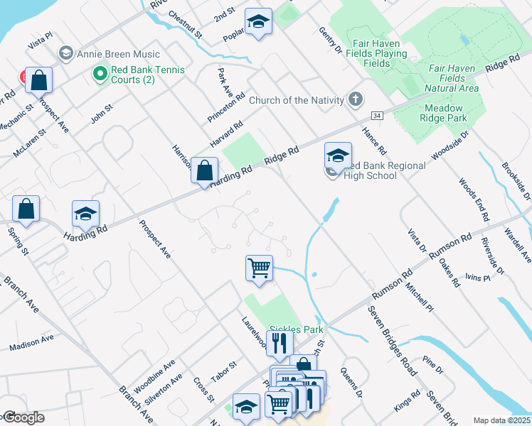 map of restaurants, bars, coffee shops, grocery stores, and more near 240 Whispering Woods Court in Little Silver