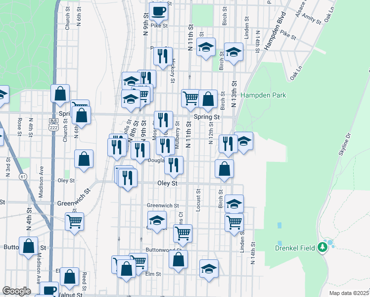 map of restaurants, bars, coffee shops, grocery stores, and more near 1038 Windsor Street in Reading