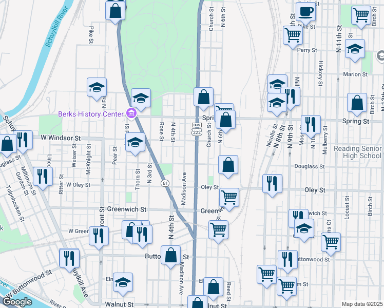 map of restaurants, bars, coffee shops, grocery stores, and more near 844 Madison Avenue in Reading